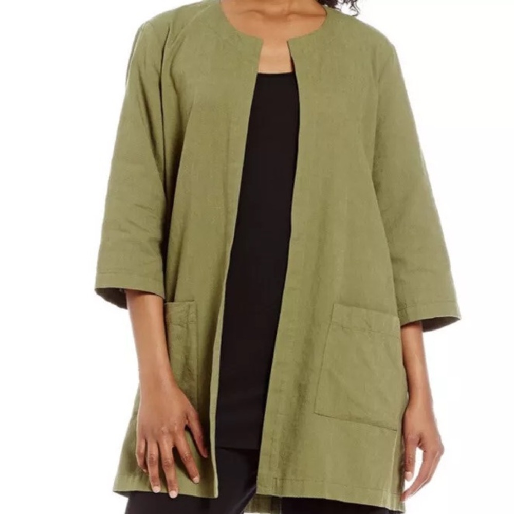 Eileen Fisher Organic Cotton Cross Dyed Open Jacket Olive Size Large